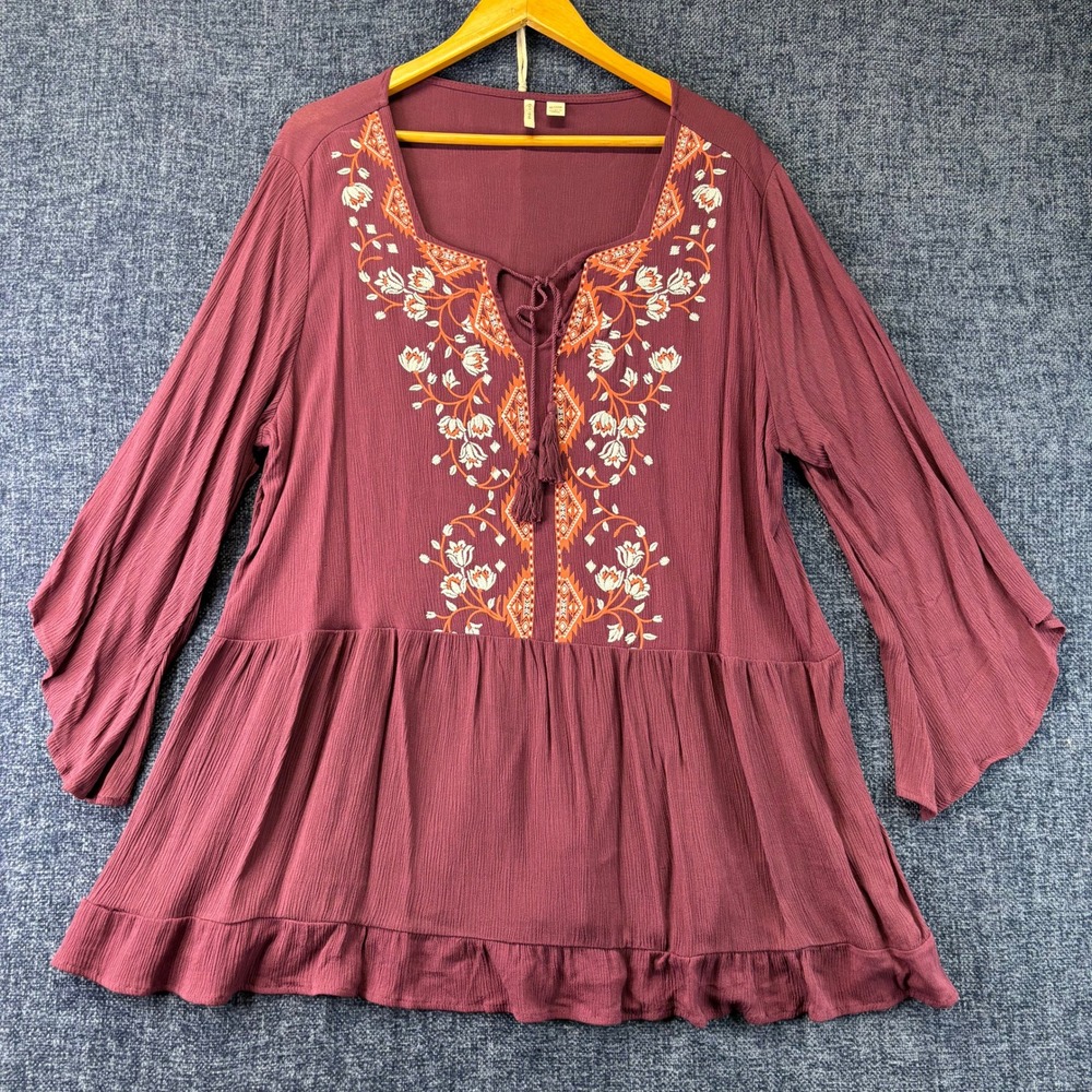 Cato Blouse Womens 18/20W Burgundy Rayon Relaxed Embroidered Peasant Top